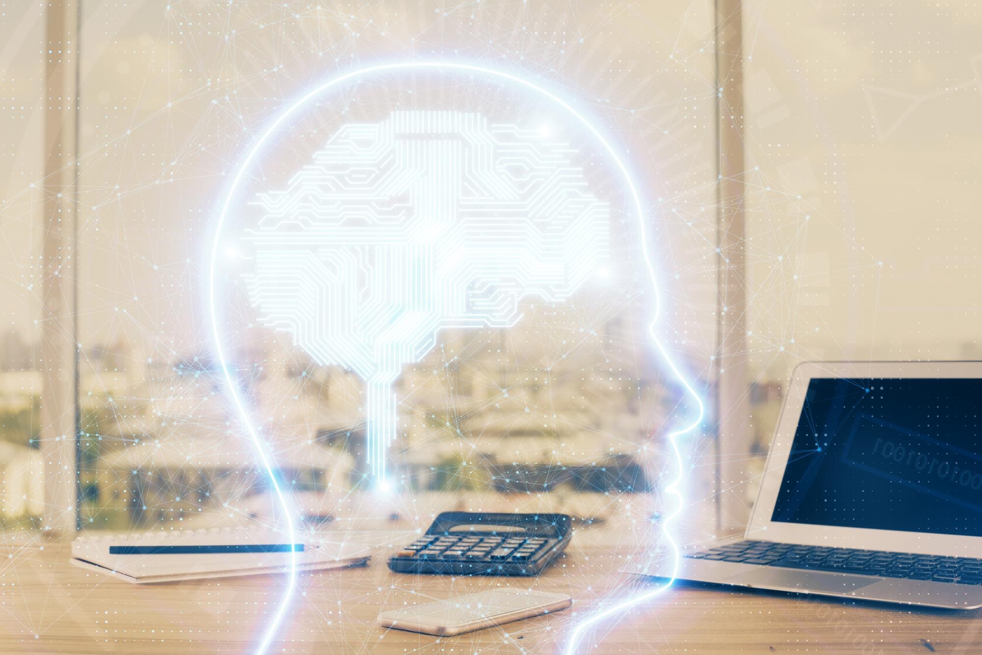 Multi exposure of work space with computer and hum