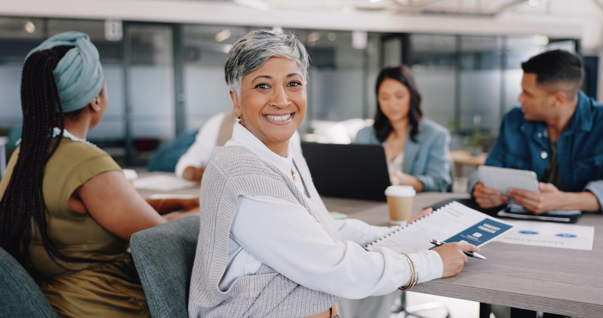 Senior woman portrait and meeting with leadership