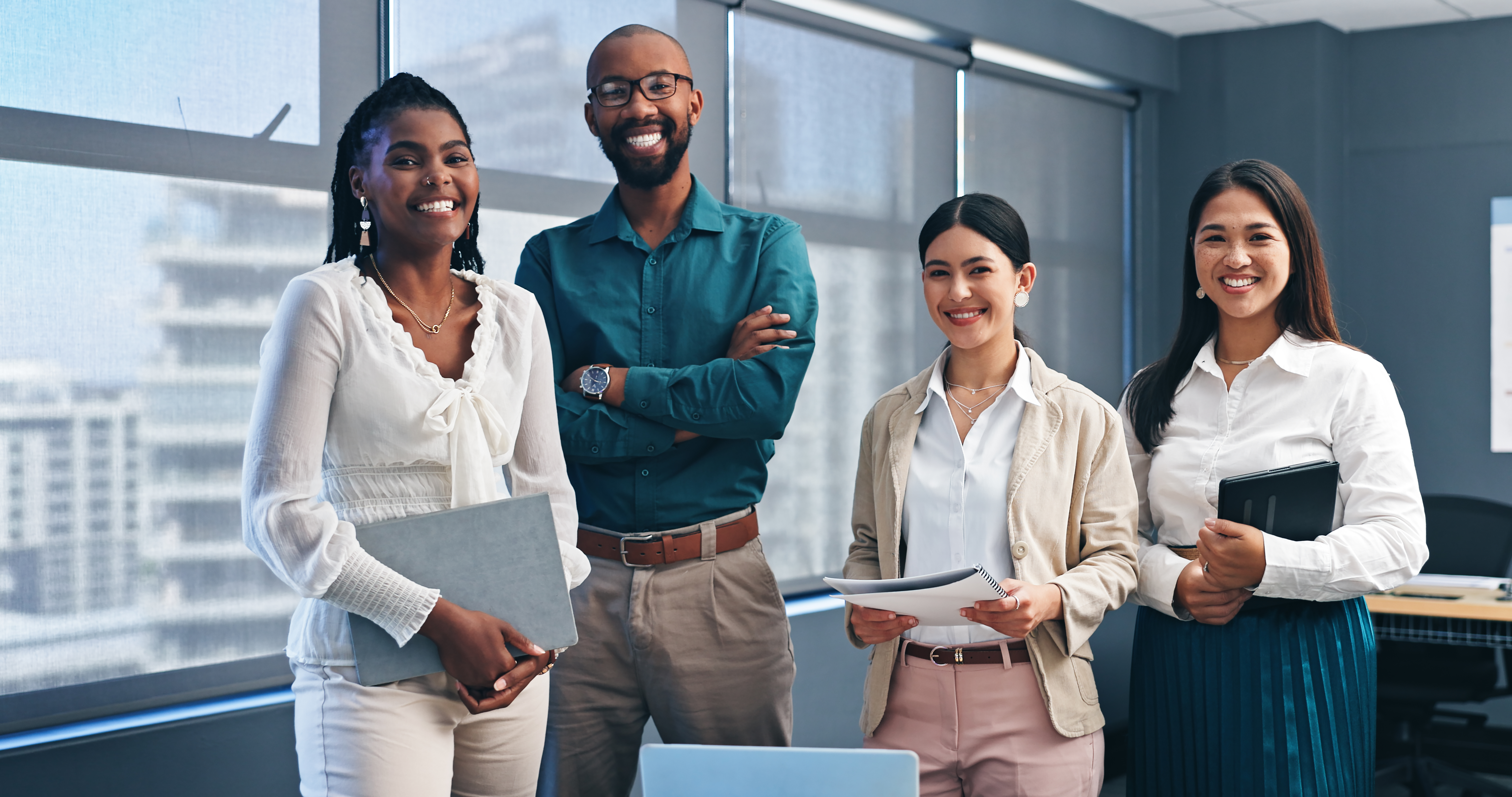 Happy office and coworkers or confident business