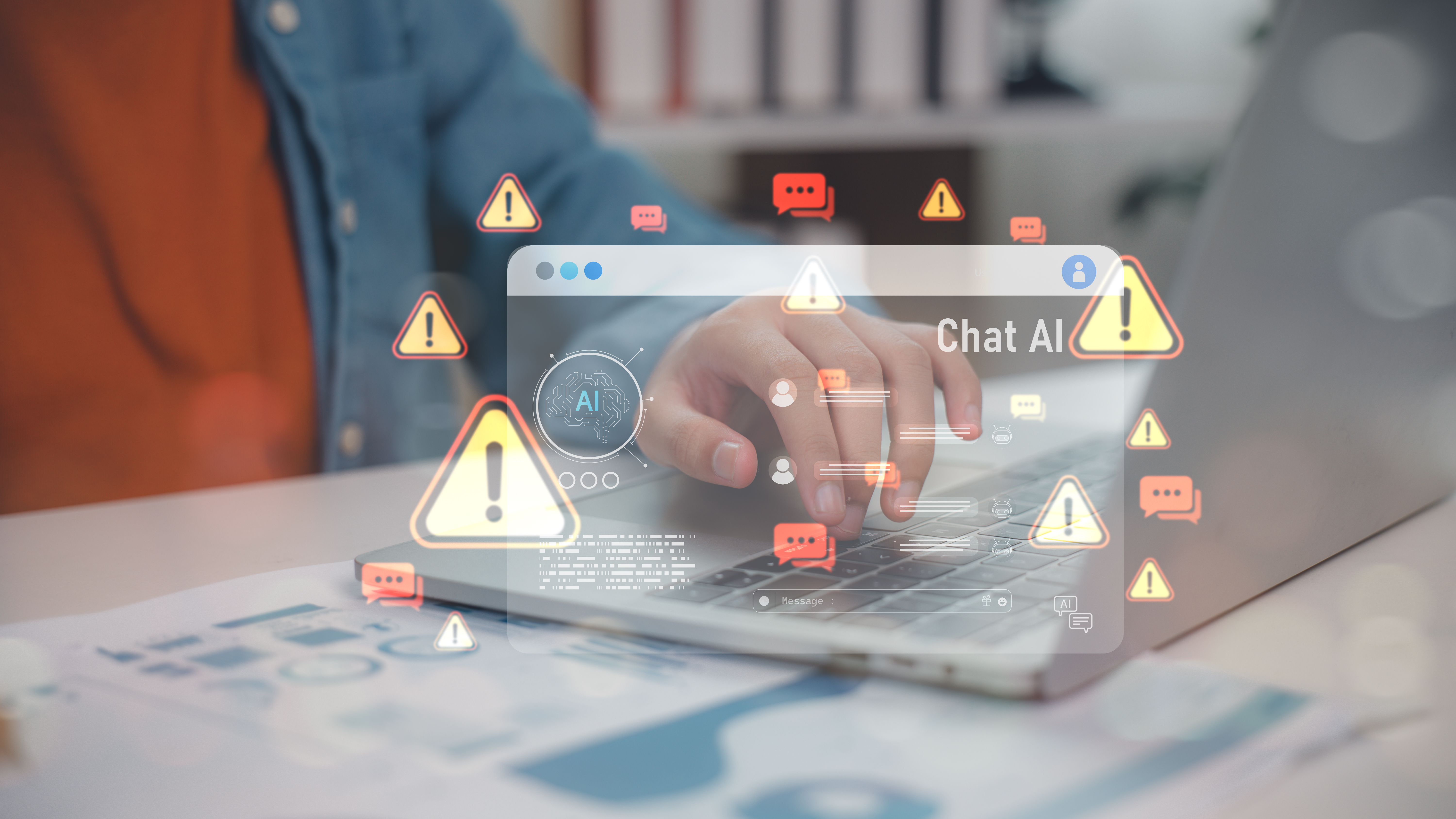 Hand typing on laptop with chat ai warning icons