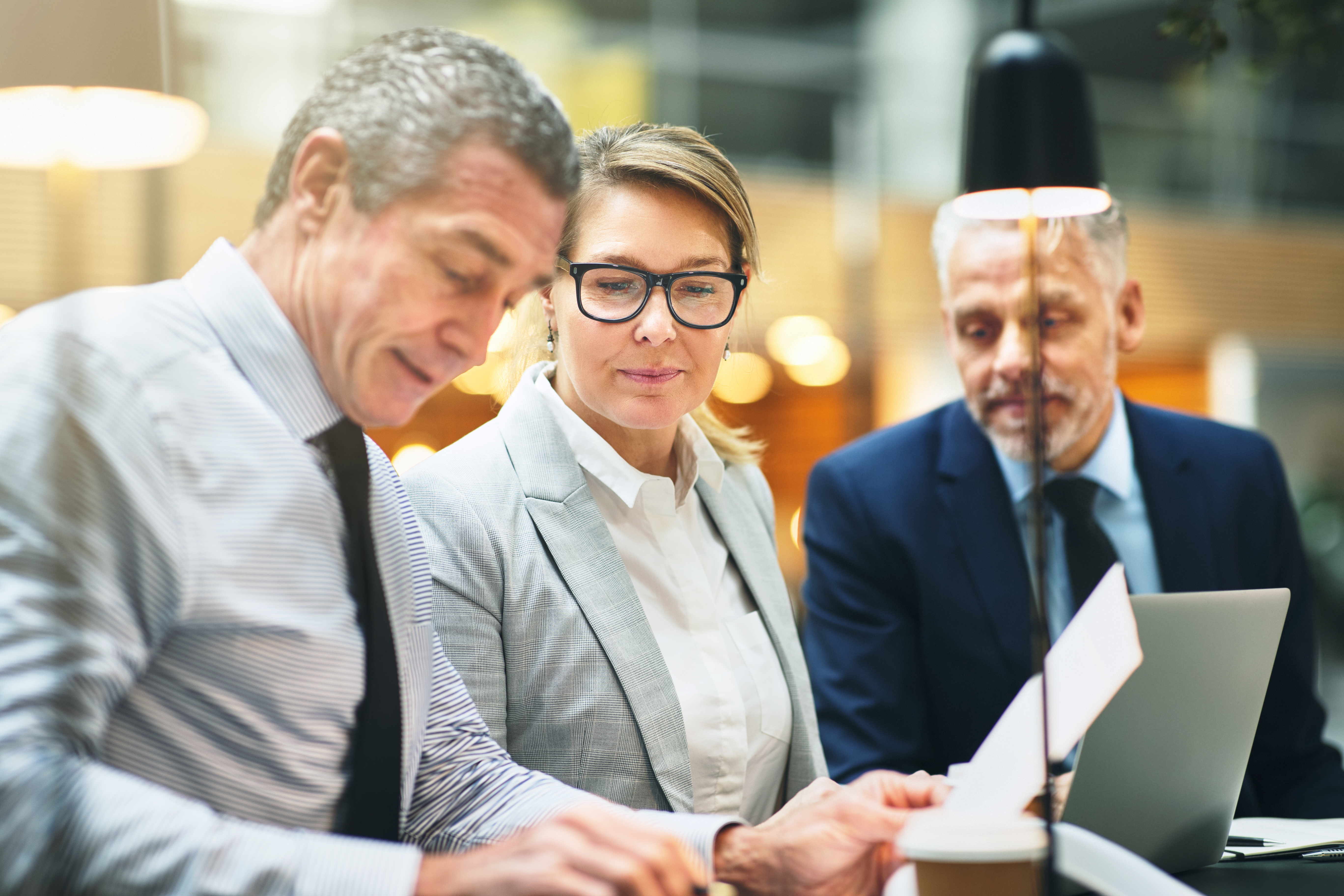 Mature businesspeople discussing paperwork togethe