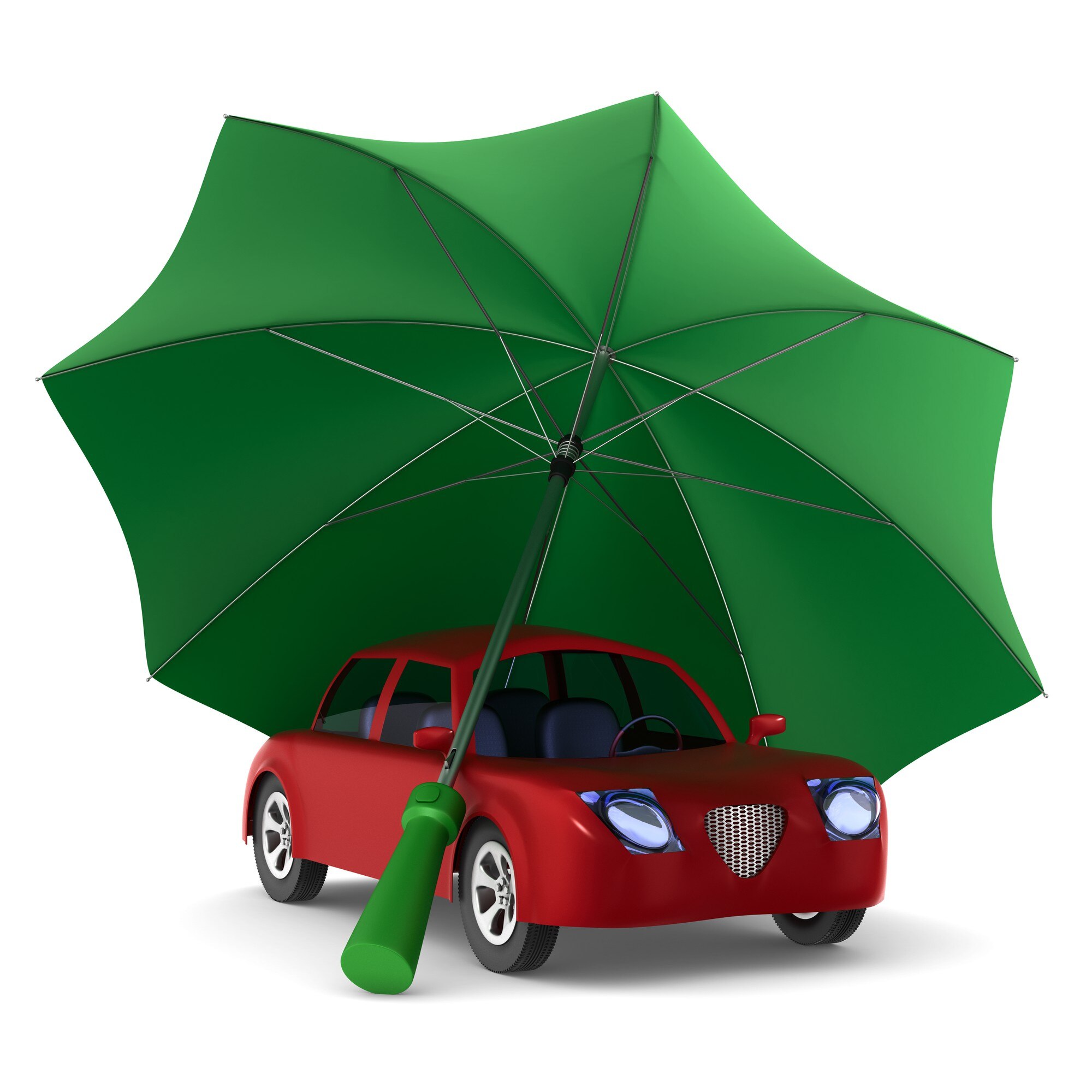 Red car and green umbrella on white background