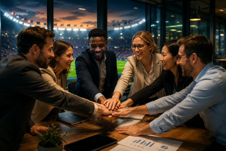 Diverse business team joining hands in a huddle at a stadium