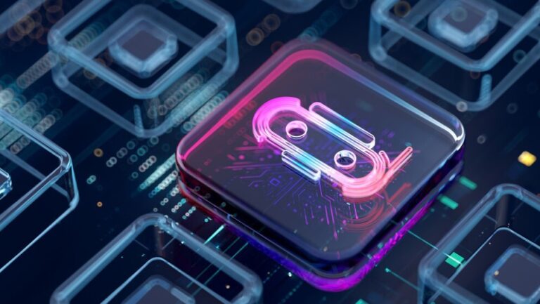 Glowing chat bubble icon on a circuit board, representing AI tools making decisions inside business software