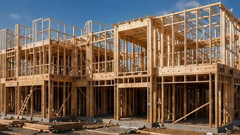 A multi storey building under construction showing timber framing