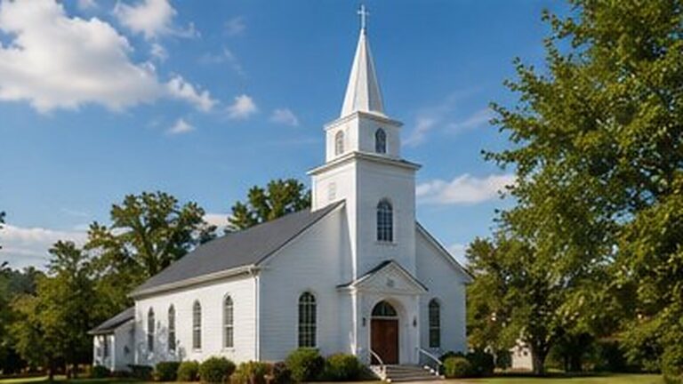 A white clapboard church with a steeple on a clear summer day