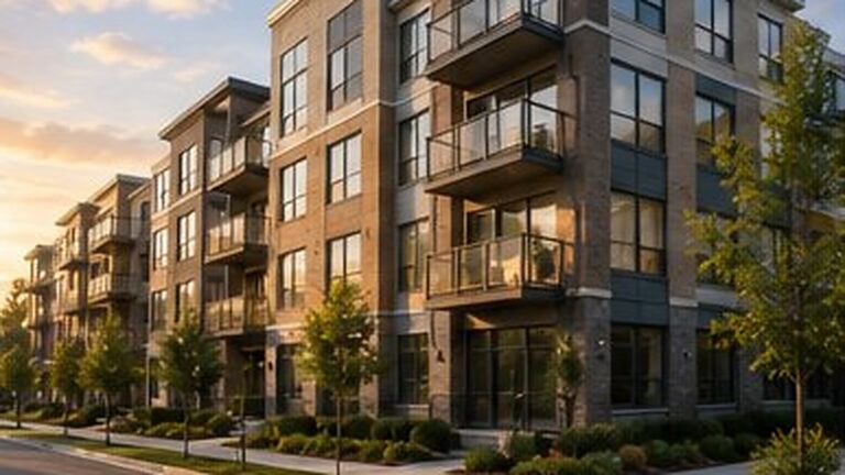 A modern condominium building in the DC metro area at sunset