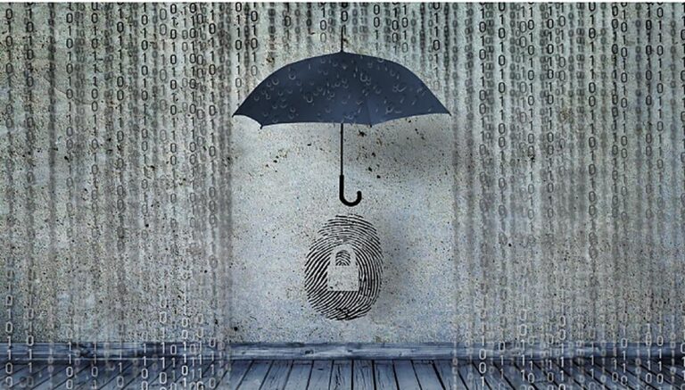Binary code raining around a dark umbrella sheltering a fingerprint and padlock, representing cyber liability cover