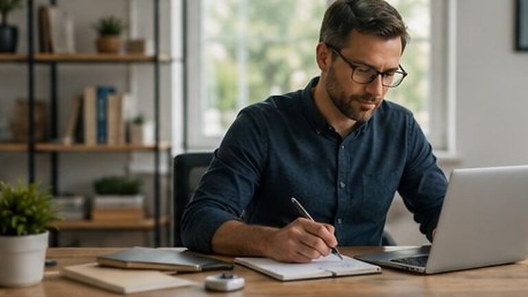 A professional working at a desk with a laptop and notebook