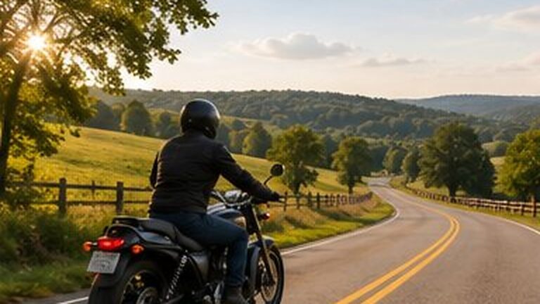 A motorcyclist riding a two-lane road through Maryland countryside
