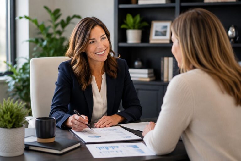 Capitol Benefits advisor reviewing coverage documents with a client across a desk in a bright Gaithersburg, Maryland office