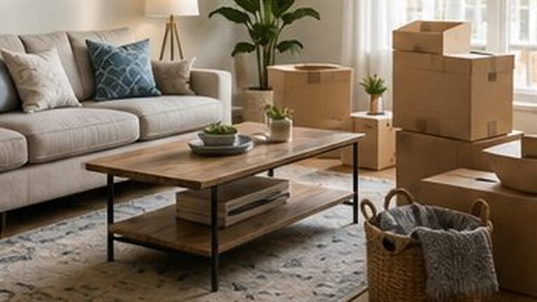 An apartment living room with moving boxes stacked beside the sofa