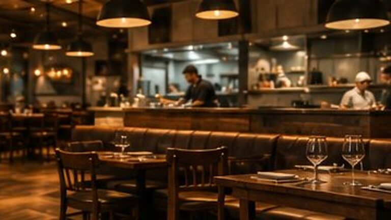 The dining room of a warmly lit restaurant with an open kitchen behind