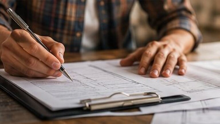 A contractor reviewing project drawings on a clipboard