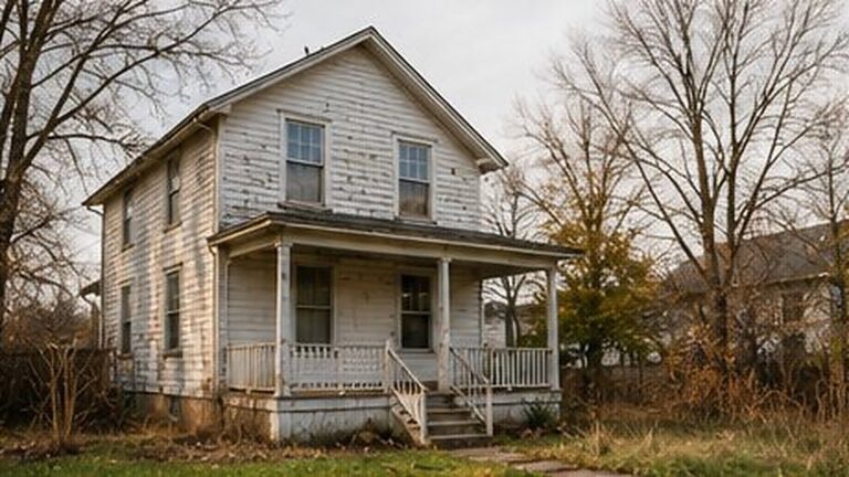 An older vacant house with a covered porch and an overgrown yard