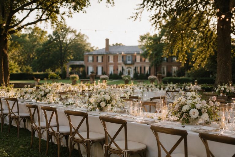 Outdoor wedding reception with long candlelit tables set on the lawn of a historic brick estate at golden hour