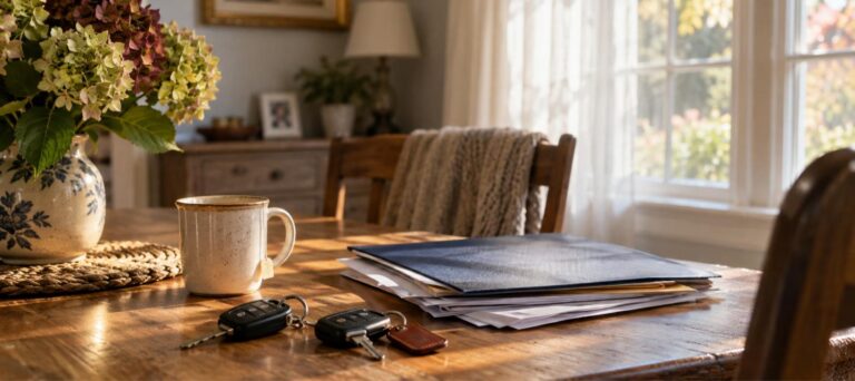 Two sets of car keys and a folder of papers beside a mug on a wooden kitchen table in morning light