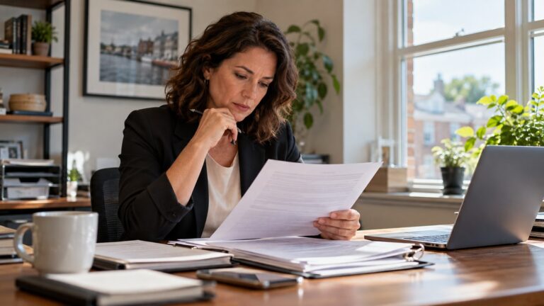 A small business owner at a desk in a sunlit office reviewing printed insurance policy paperwork