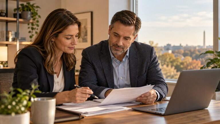 Two colleagues at a desk reviewing a printed insurance application together in a suburban DC office
