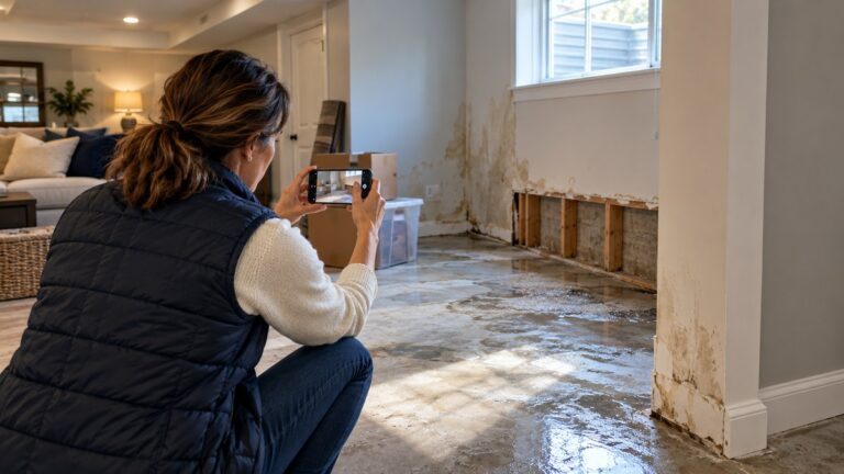 A homeowner kneeling in a finished basement photographing water damaged walls and flooring with a smartphone
