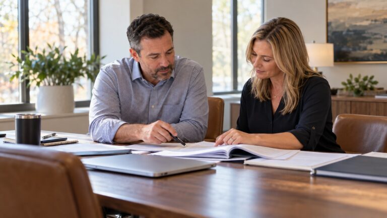 A small business owner and an HR manager reviewing printed benefits renewal paperwork together at a conference table