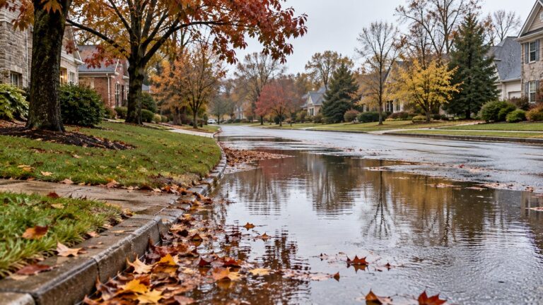 Standing water pooling across a quiet suburban street on an overcast autumn afternoon with fallen leaves