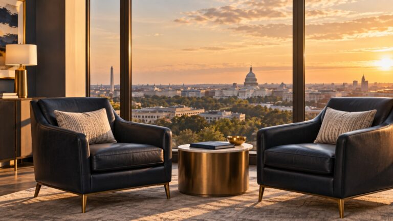 Two empty navy leather armchairs facing each other by a window overlooking the Washington DC skyline at sunset