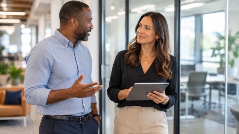 Two colleagues in business casual talking beside a glass meeting room in a modern office