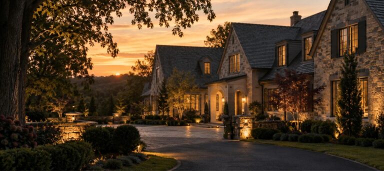 Large custom stone home with a slate roof at golden hour, seen from the driveway with mature trees and warm interior lights
