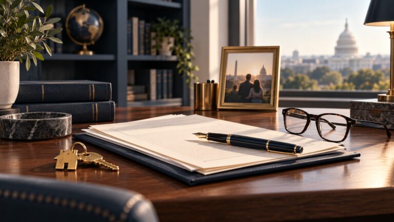Estate planning documents, a pen, house keys and glasses on a desk, with the US Capitol dome seen through a window