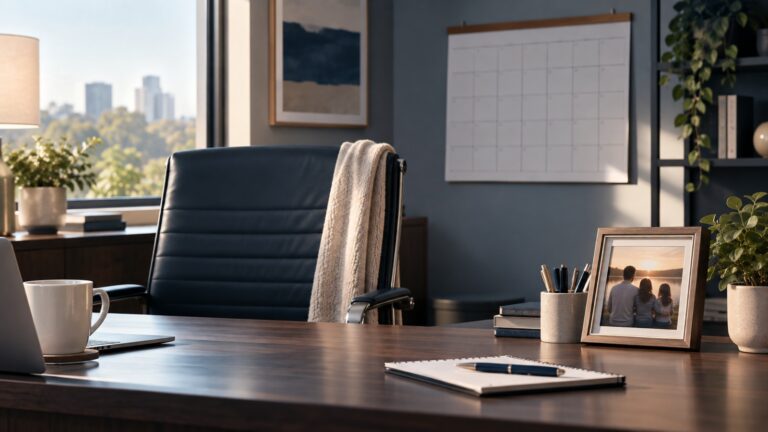 Empty office chair with a cardigan draped over it, beside a blank wall calendar and a family photo on the desk