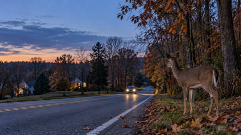 White-tailed deer standing alert at the edge of a suburban road at dusk in autumn as a car approaches