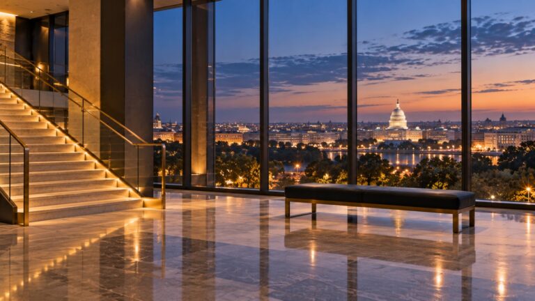 Modern office lobby at dusk with a staircase and glass wall overlooking the lit Washington DC skyline