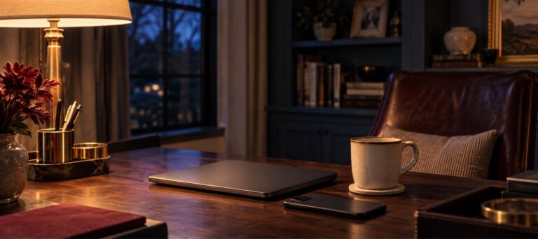 Closed laptop, phone face down and a coffee cup on a walnut desk in a warm home study lit by a brass lamp