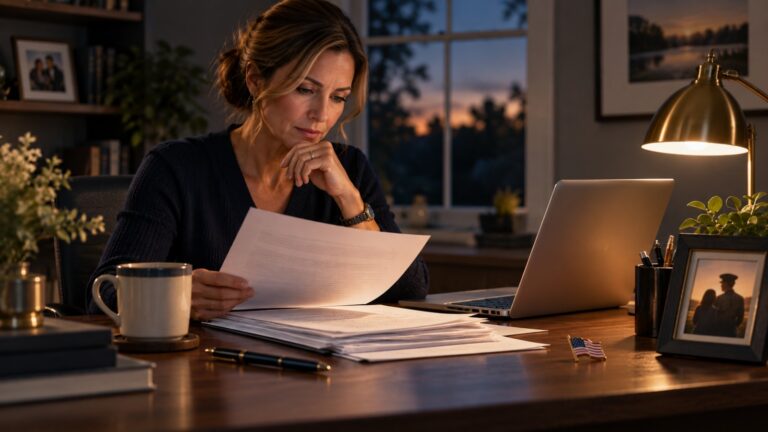 A federal employee reviewing benefits paperwork at a home desk under warm lamplight in the evening