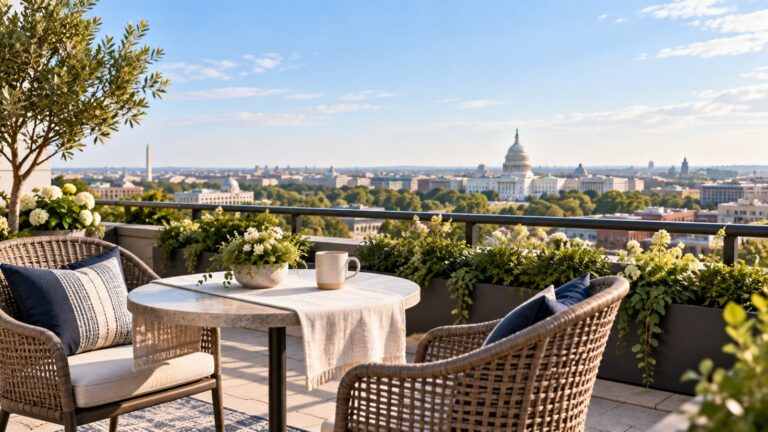 Rooftop terrace with a bistro table and chairs overlooking the Washington DC skyline on a bright morning