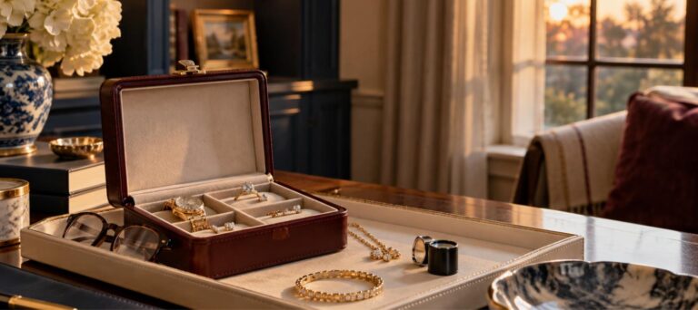Open jewelry box and gold pieces on a cream leather tray in a navy study at sunset, alongside reading glasses