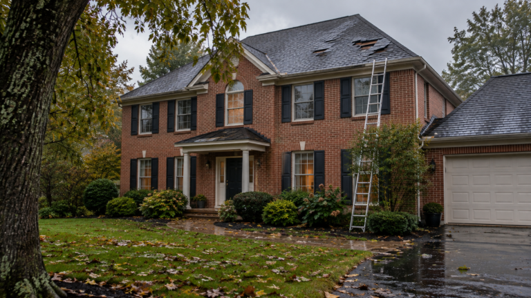 Brick colonial home in a Maryland suburb with torn asphalt shingles and an extension ladder leaning against the gutter after a storm