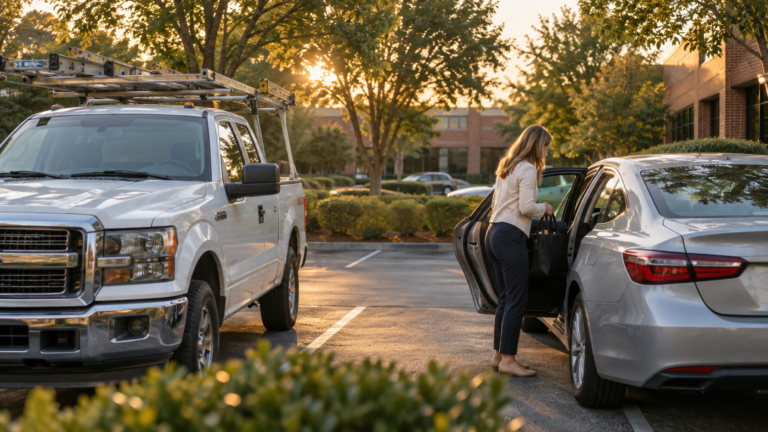 A contractor pickup truck with a ladder rack and a silver sedan parked outside brick office buildings in suburban Maryland at sunrise