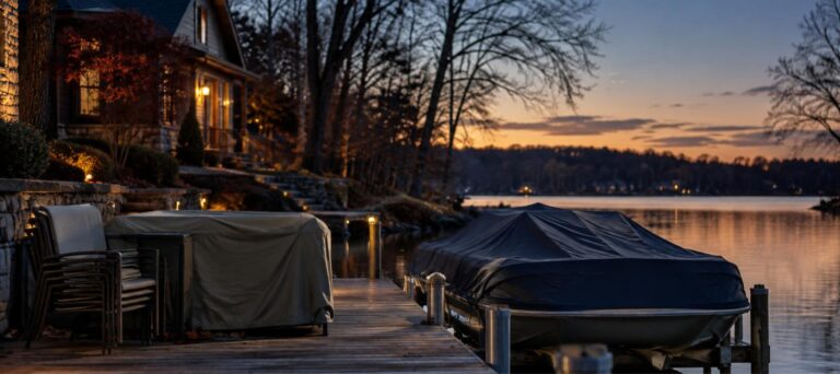 Covered boat and stacked patio furniture on a dock beside a lake house at dusk in late autumn