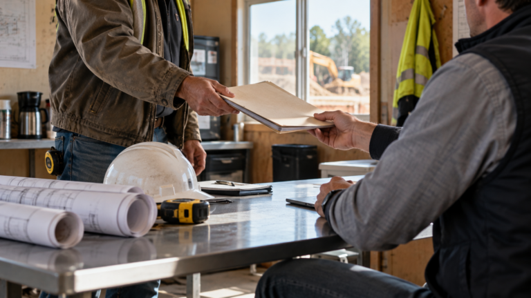 A subcontractor in a work jacket handing a folder of paperwork across a metal table to a project manager inside a construction site trailer office