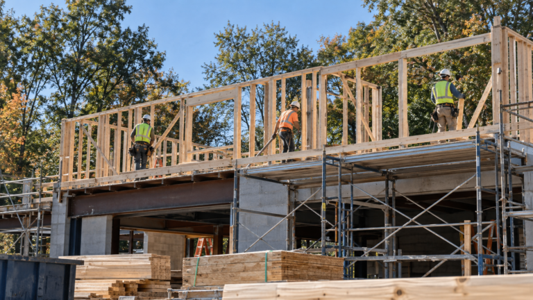 Three construction workers in hard hats and safety vests framing the second floor of a small commercial building on a clear morning in Northern Virginia