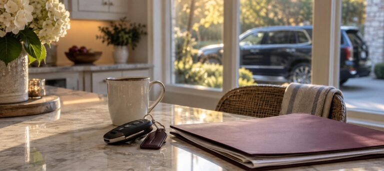Car keys and a folder on a kitchen island with a dark SUV parked in the driveway beyond the window