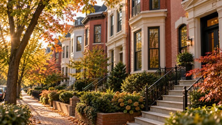 Row of brick row houses on a tree lined Washington DC street in autumn light