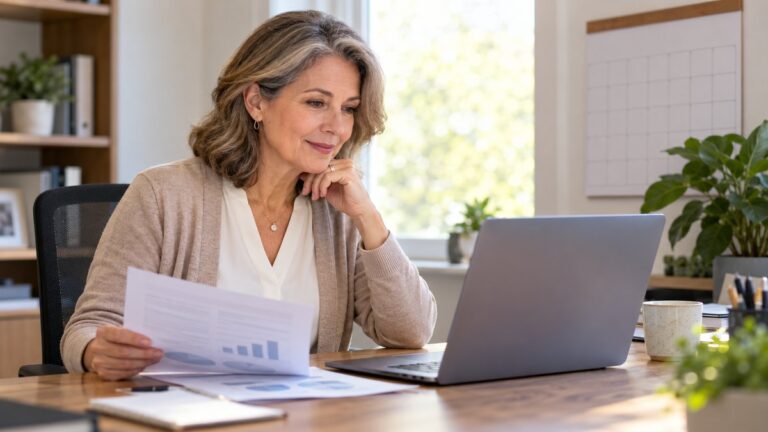 An HR manager at her desk reviewing a printed benefits document beside a laptop in morning light