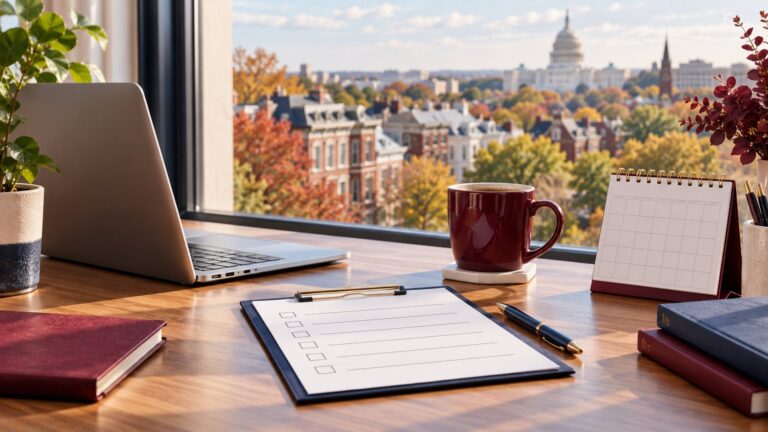 Office desk with laptop, checklist and coffee mug overlooking Washington DC rowhouses and the Capitol dome in autumn