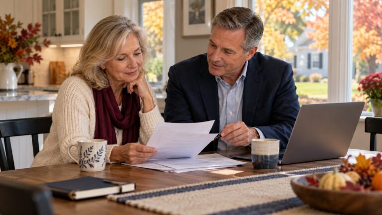 Woman reviewing Medicare enrollment papers with an insurance advisor at a kitchen table in an autumn Maryland home